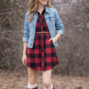 Justify Buffalo Plaid Shirt Dress Red Black Belted L Juniors NEW